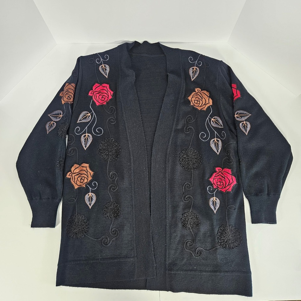 Vintage Floral Embroidered Open Front Cardigan Black Rose Crochet Knit Sweater